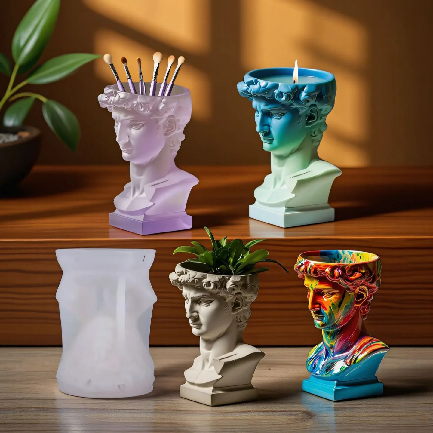 قالب زارع سيليكون برأس ديفيد، وعاء أسمنتي كلاسيكي، حامل عصاري للنحت الروماني، مشغولات ديكور فني من الراتنج بنفسك