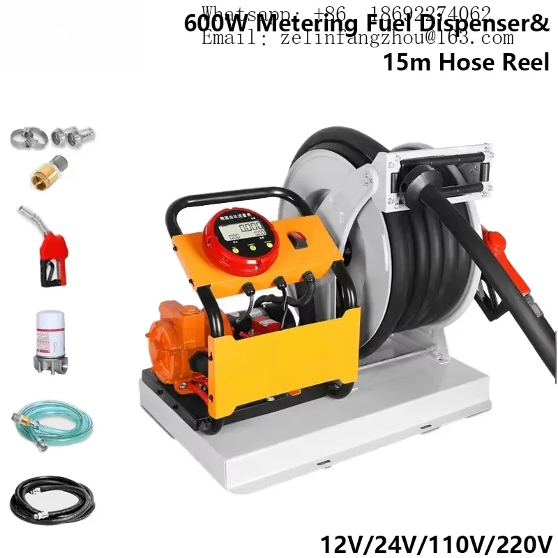 CAVITT 600W High Pressure Diesel Fuel Transfer Pump Hose Reel Metering Nozzle Dispenser 12V 24V 110V 220V Oil Refueling