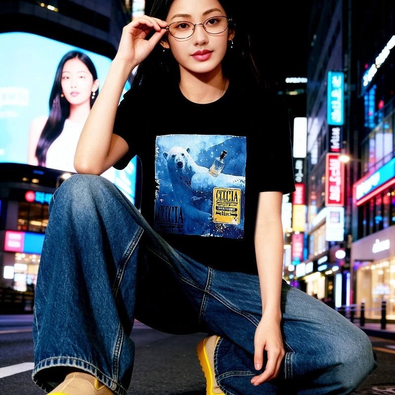 Original Trendy Polar Bear Print Women's Black Short Sleeve T-Shirt Long Velvet Cotton European And American Style Casual Top