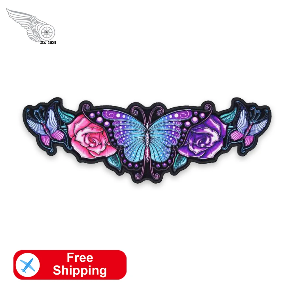 蝶とバラのパッチ,女性のライダーの後ろのパッチ,大きなサイズのジャケット,衣類,アイロン,ロゴで縫う