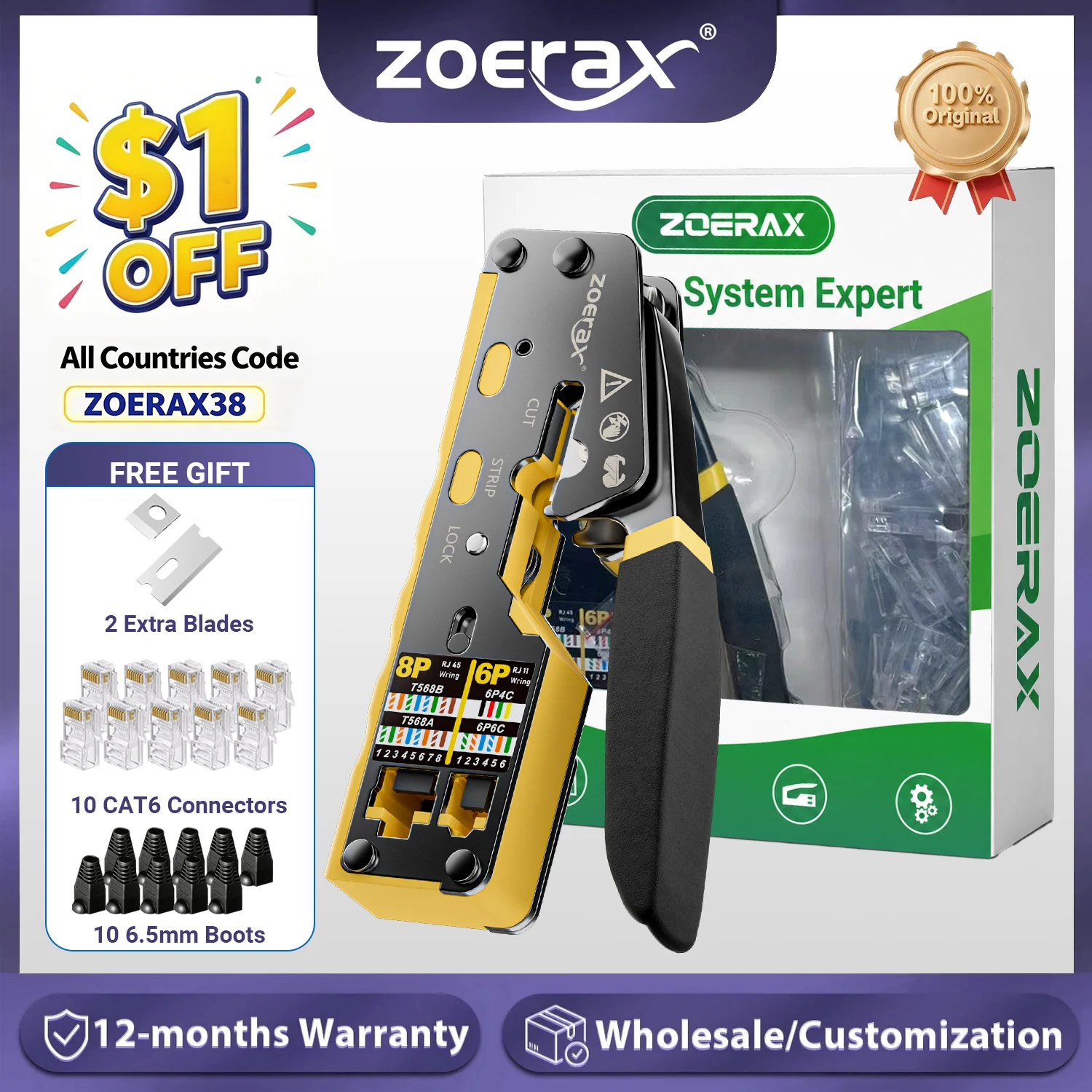 ZoeRax RJ45 Crimp Tool Pass Through Crimper Cutter for Cat6 Cat5 Cat5e 8P8C Modular Connector Ethernet All-in-one Wire Tool