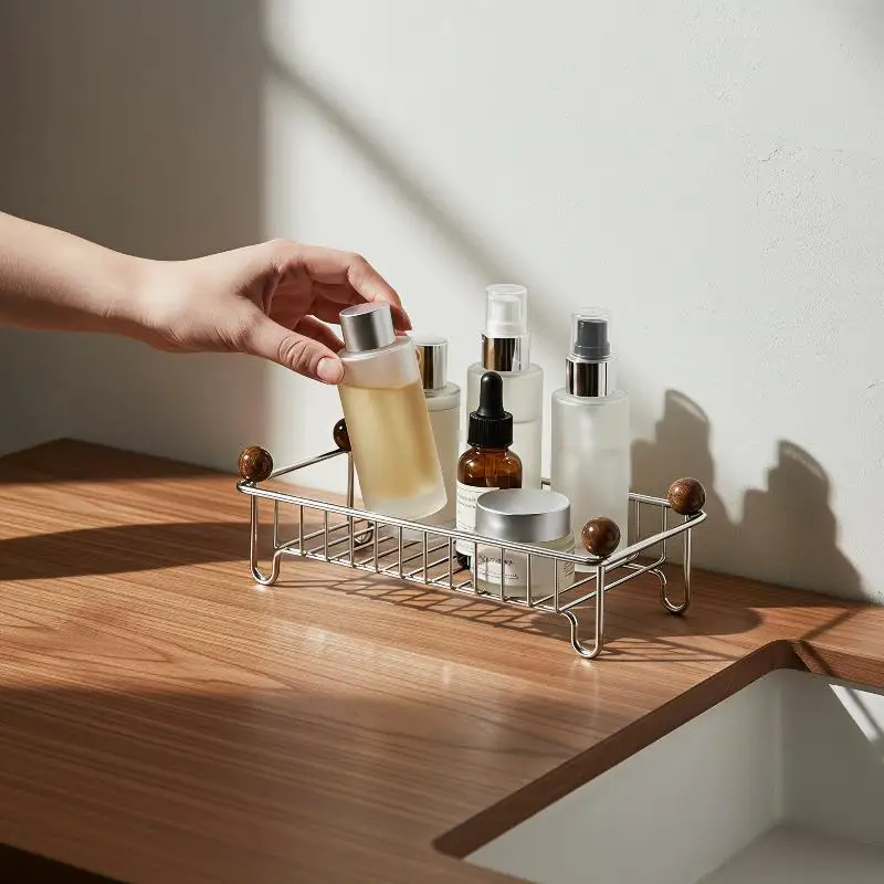 Rust Proof Stainless Steel Counter Organizer Drain Storage Rack With Wood Knobs for Kitchen Bathroom Toiletries Daily Use Acces