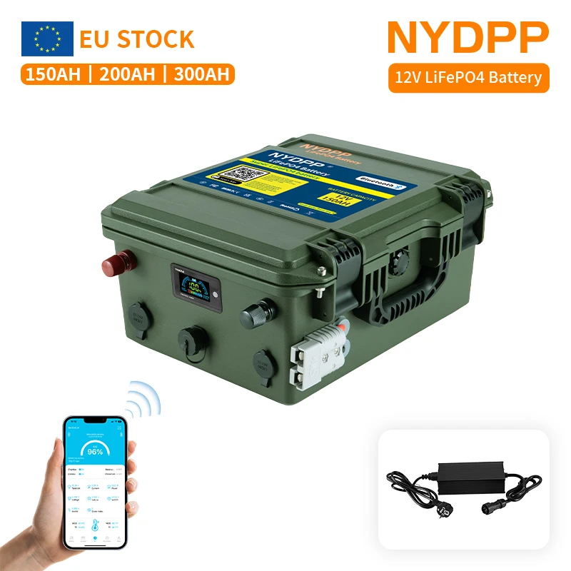Batterie LiFePo4 12V 150AH 200AH 300AH, batterie LiFePo4 12.8V 200AH 300AH, batterie au phosphate de fer et de lithium 12V avec chargeur 20A