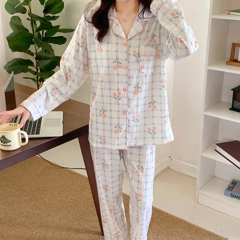 Tulip Pajamas Spring Autumn Women's Long-Sleeved Trousers Sweet Sleepwear Two-Piece Set Student Large Size Homewear Suit 2024