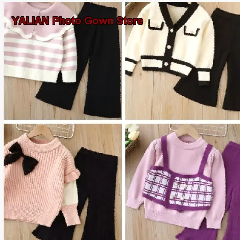 Girls Two-Piece Set Kids Autumn Winter Knit Pullover Sweater Solid Color Long Pants Pleated Skirt