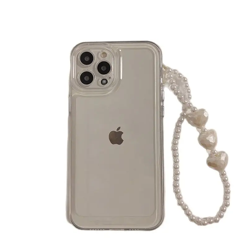 Cute Pearl Love Heart Chain Clear Phone Case For iPhone 14 15 13 12 11 Pro XS Max X XR 7 8 Plus  Jelly Shockproof Soft Cover