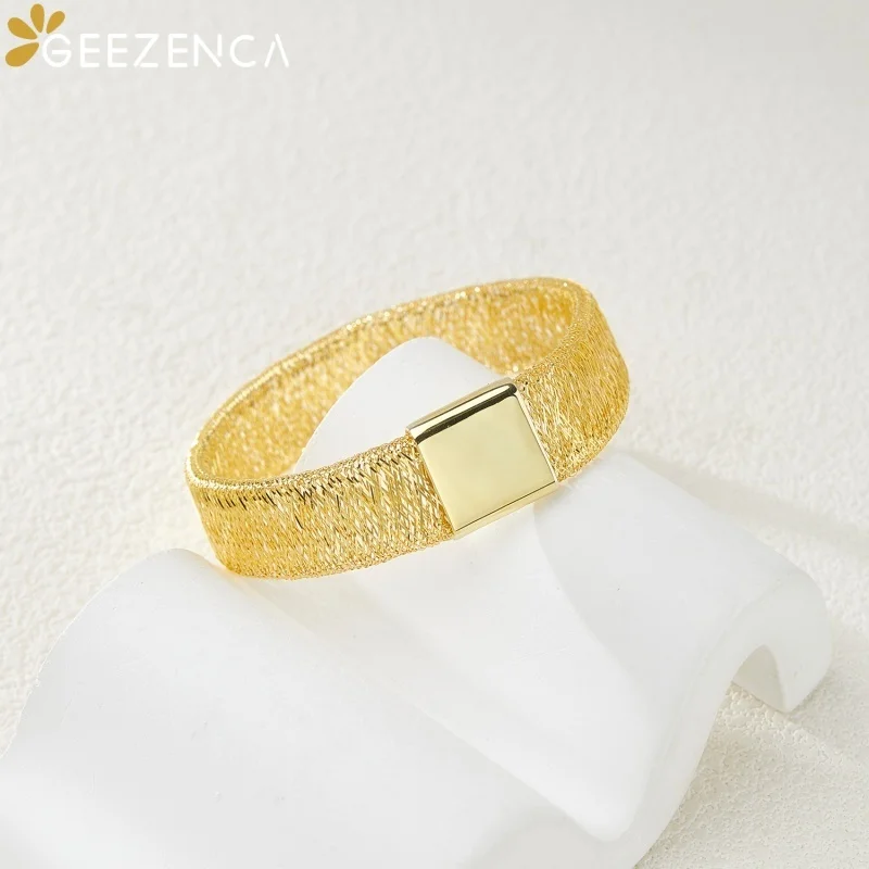 GEEZENCA Italian Luxury S925 Silver 13mm Wide Woven Chain Closed Bracelet Women Gold Plated Sparkling Elastic Bangle Trendy Gift