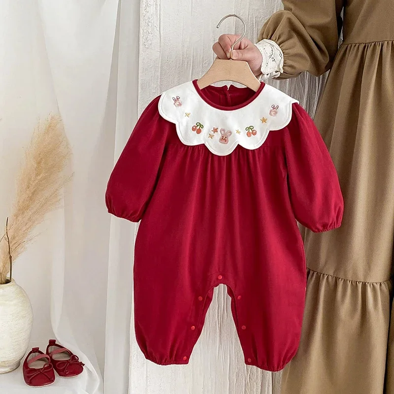 

Toddler Baby Girl Romper Red 2025 New Year Clothing Christmas Costume Long Sleeved Cotton Embroidery Rabbit Infant Baby Jumpsuit