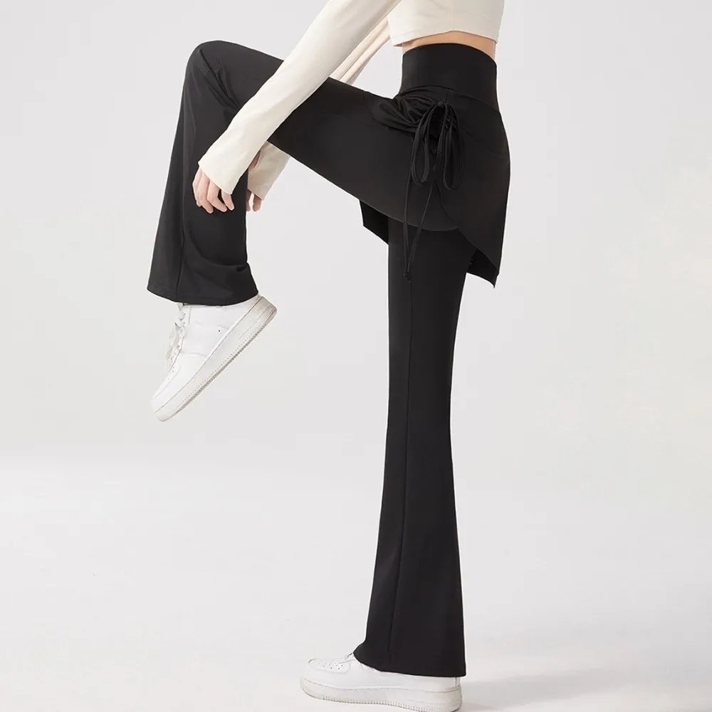 

Women Tights Skirt Design Fitness Leggings 2 in 1 Flare Hem Sports Leggings Drawstring Tight Sports Yoga Pants Exercise