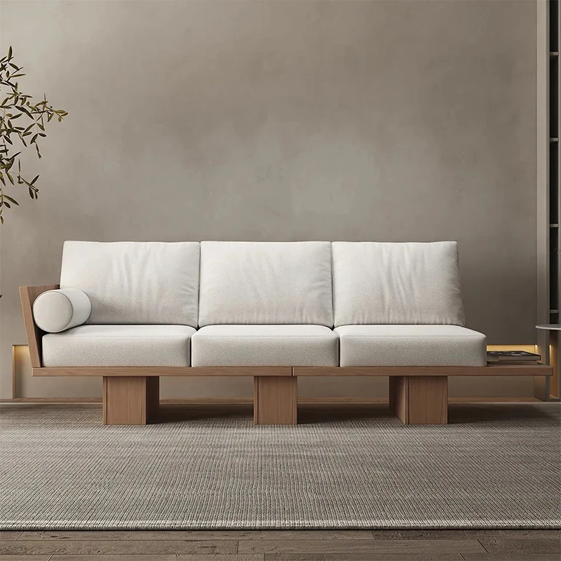 Japanese log sofa wabi-sabi wind small apartment living room solid wood sofa minimalist homestay