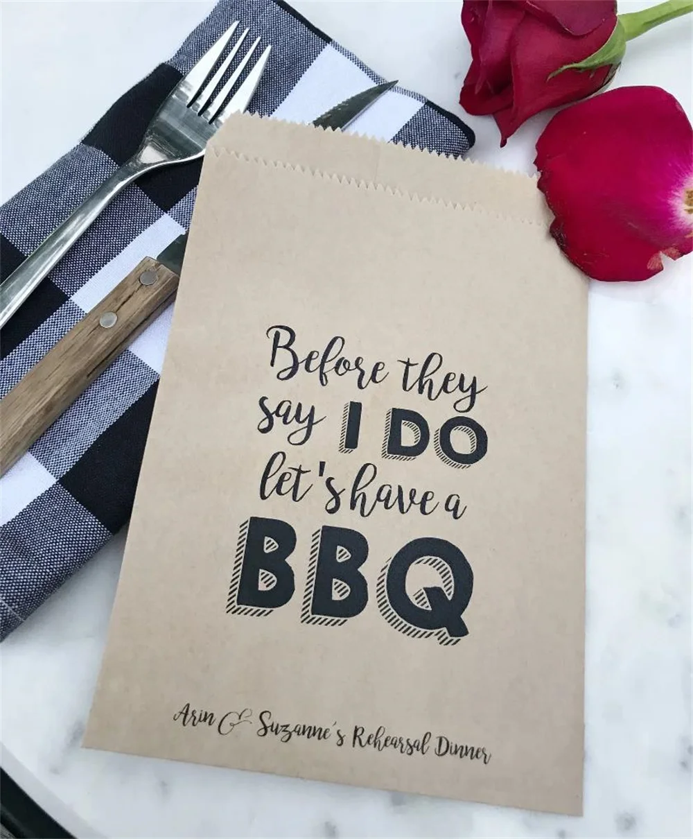 

50pcs Rehearsal Dinner Bags! - Before they say I DO let's have a BBQ - Dinner Bags - Custom Printed on Kraft Brown Paper