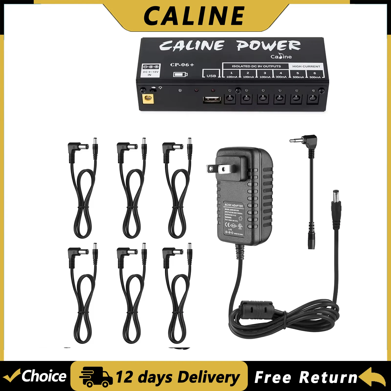 Caline CP-06+ Guitar Effect Pedal Power Supply Provides 6 Independent Outputs Anti-Interference Noise Durable Guitar Accessories
