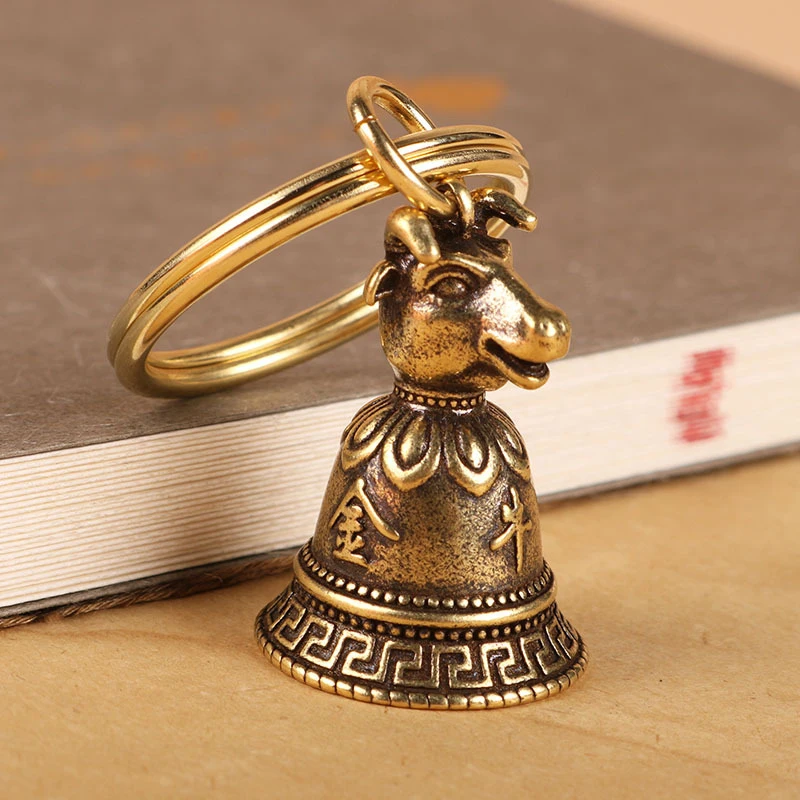 Chinese 12 Zodiac Animals Heads Bell Brass Keychain Pendants Jewelry Vintage Copper Feng Shui Car Key Chain Hanging Keyring Gift