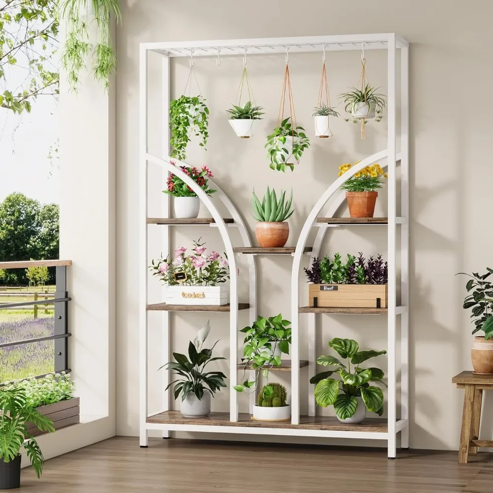 

​​71" Tall 6-Tier Plant Stand with Grow Lights - Multi-Level Metal Plant Shelf with Hanging Hooks & Adjustable Shelves