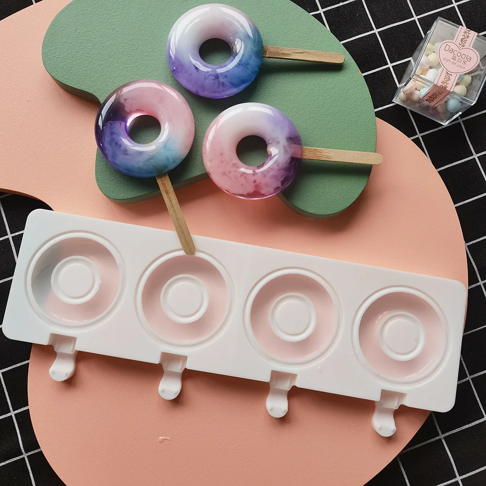 

Large Donut 4 Cavity Ice Cream Mold Silicone cute popsicle Molds DIY Baking Cake Candy Candy Mould Handmade Baby Food Icemaker