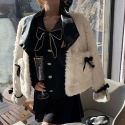 Xpqbb Fashion Short Plush Jacket donna coreano PU Leather Patchwork Turndown Collar Coat Winter New Bow giacche di lana calde spesse