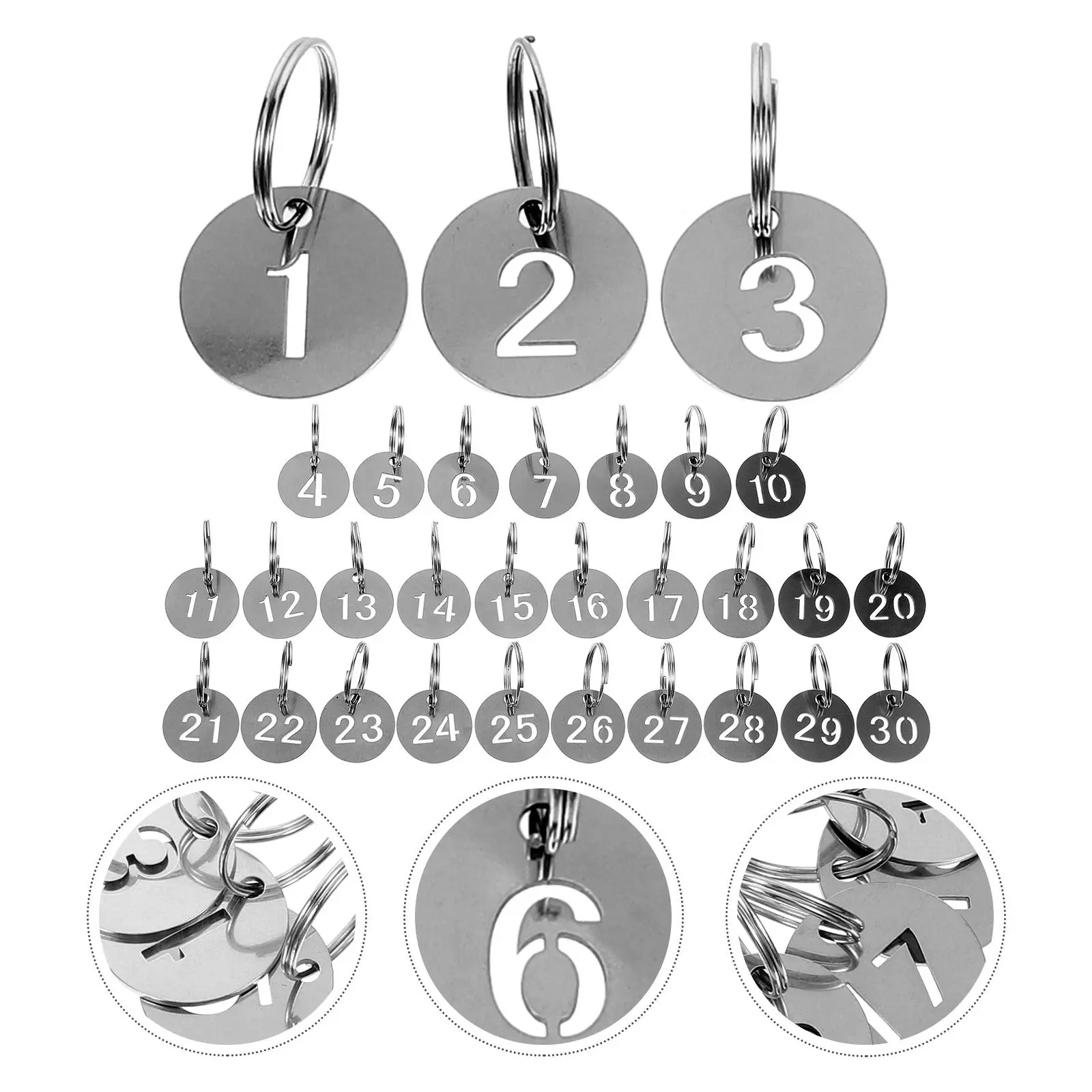 

30 шт. круглых номерных бирок-брелоков из нержавеющей стали для идентификации ключей, багажа, бассейнов, саун, фитнес-локеров