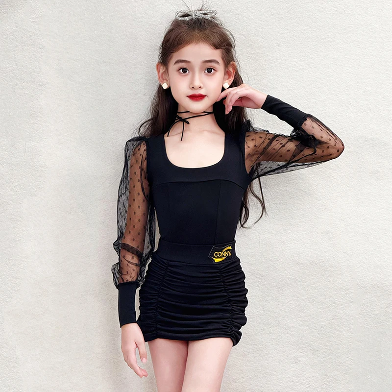 

Новый костюм для латинских танцев, черная одежда для выступлений для девочек, боди с сетчатыми рукавами, юбка для танцев с оборками, тренировочная одежда для танцовщицы румбы 3008