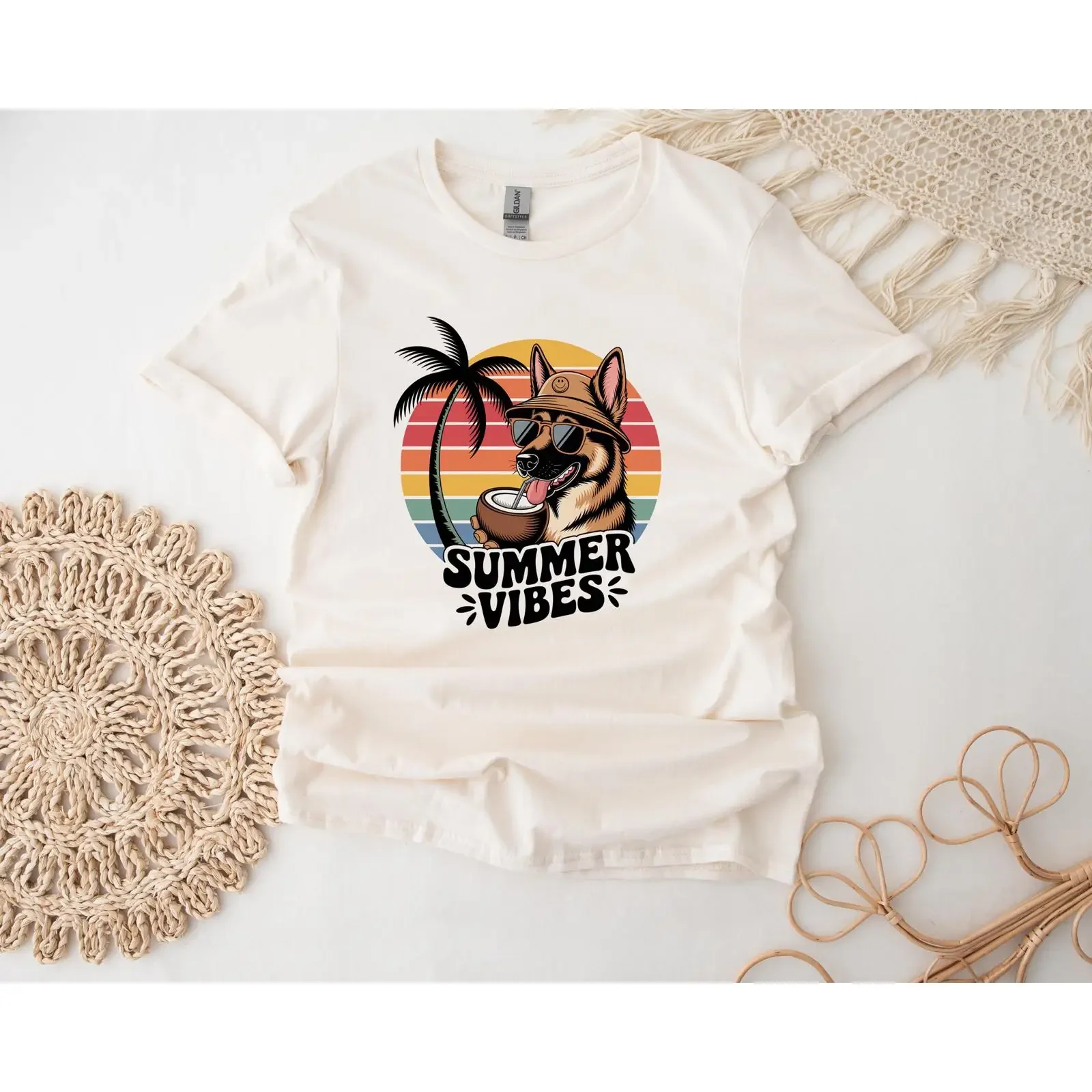 German Shepherd Summer Vibes T Shirt Retro Sunset Dog Top vintage Washed Unisex streetwear fashion Top For Everyday Wear