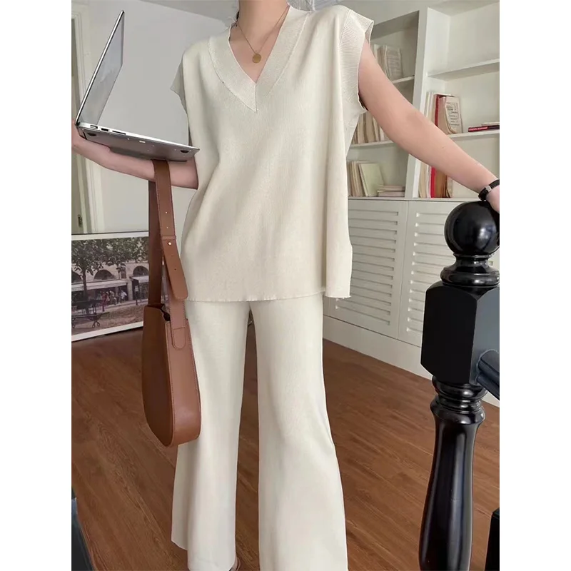 

Korean Chic Summer Simple V-neck Sleeveless Vest + High-waisted Casual Wide-leg Pants Trousers Suit for Women