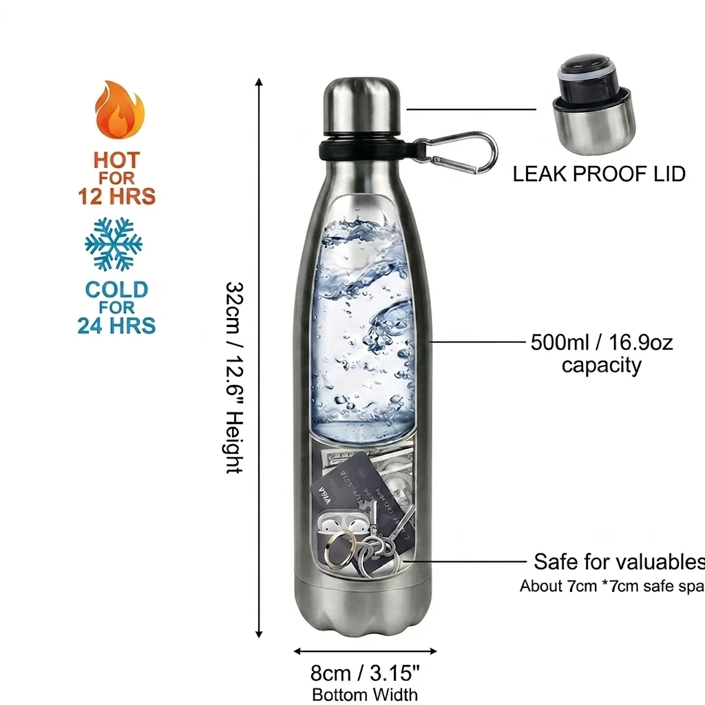 Upgraded 750ml Stainless Steel Diversion Bottle with Hang Ring Hidden Safe Secret Stash for Money Keys Travel Gym Secure Storage