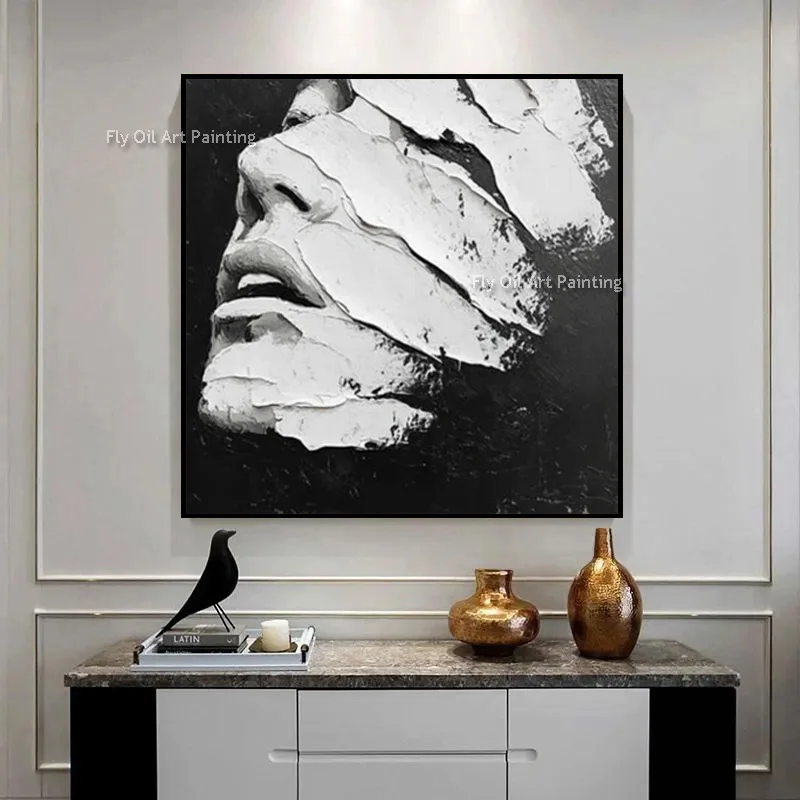 New Popular Black White Knife Thick Women Face Artwork On Canvas Handmade Black Gray Couple Kiss Oil Painting For Bedroom Decor