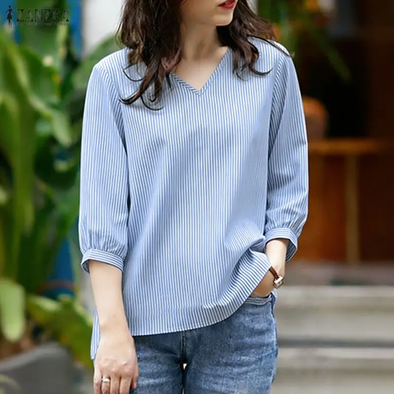 

ZANZEA Woman Minimalist Striped Blouses Casual V-Neck 3/4 Puff Sleeve High-Low Tops Spring Summer Day Wear Blusas de Mujer