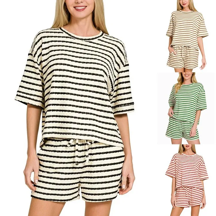 Summer Women Pajamas Shorts Striped Pajama Set Cotton Short Pants Drawstring Waist Relaxed Fit Casual Shorts Black And Cream