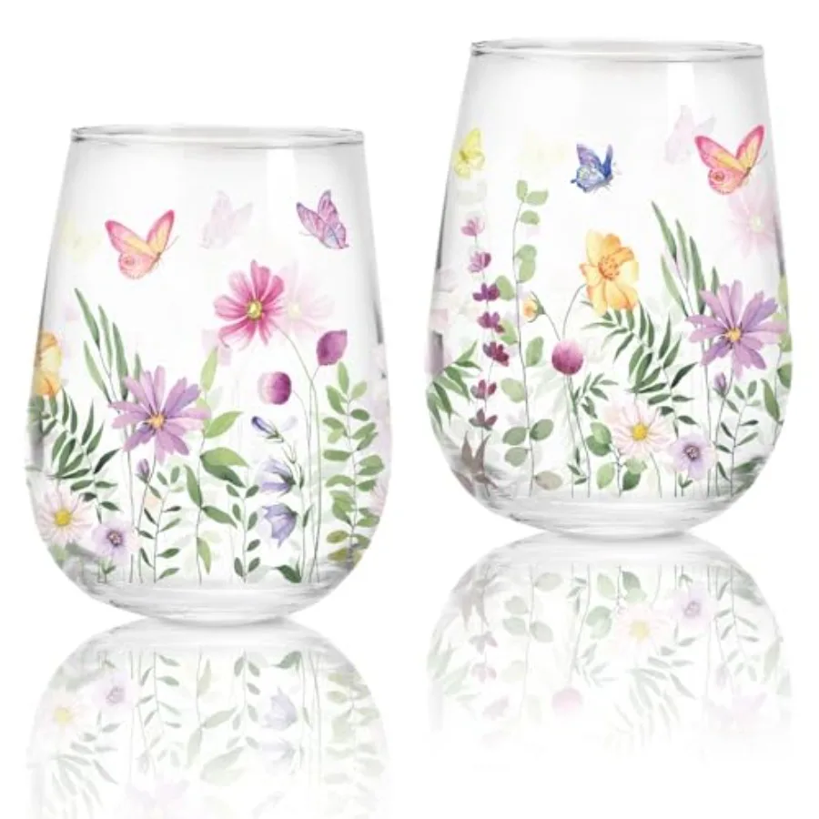

2 Pcs Spring Steml Wine Glasses 17 Oz Watercolor Floral Drinking Glasses Wild Tumbler Cups for Party plies Gifts