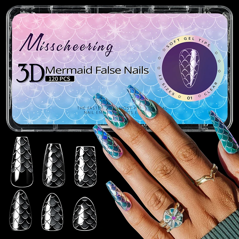 

120/140pcs False Nails Press On 3D Fish Scale Full Cover Nail Tips Almond Ballet Wearing Long Shaping Nail Accessories Manicure