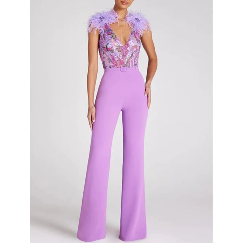 MSMUSI 2025 New Fashion Women Sexy Strap Feather Sequins Hollow Out Sleeveless Bodycon Party Flare Pant Lady Bandage Jumpsuit