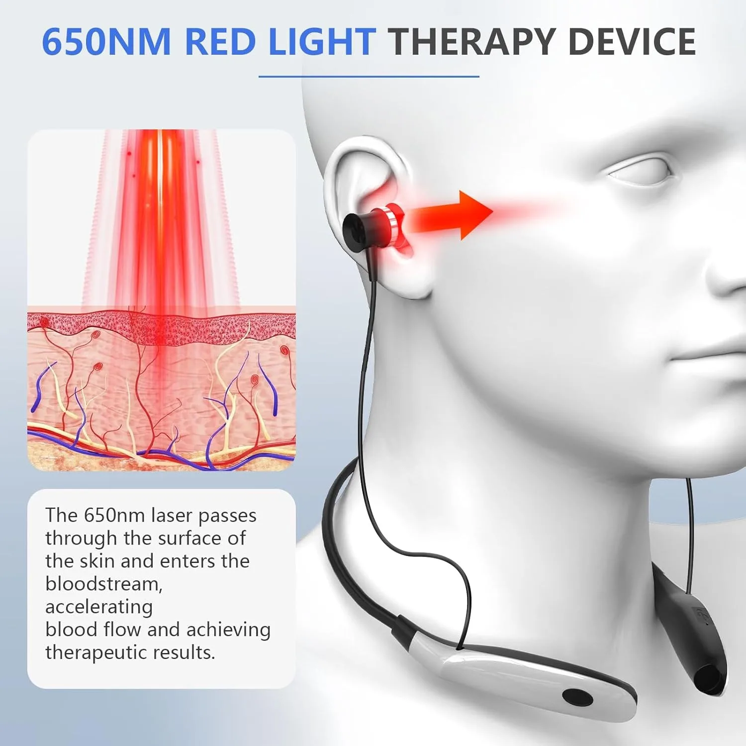 Tinnitus Ear Nasal Laser Therapy Device 650nm Red Light Neck-hanging Earplug Rechargeable 3 Levels Treatment for Otitis Rhinitis