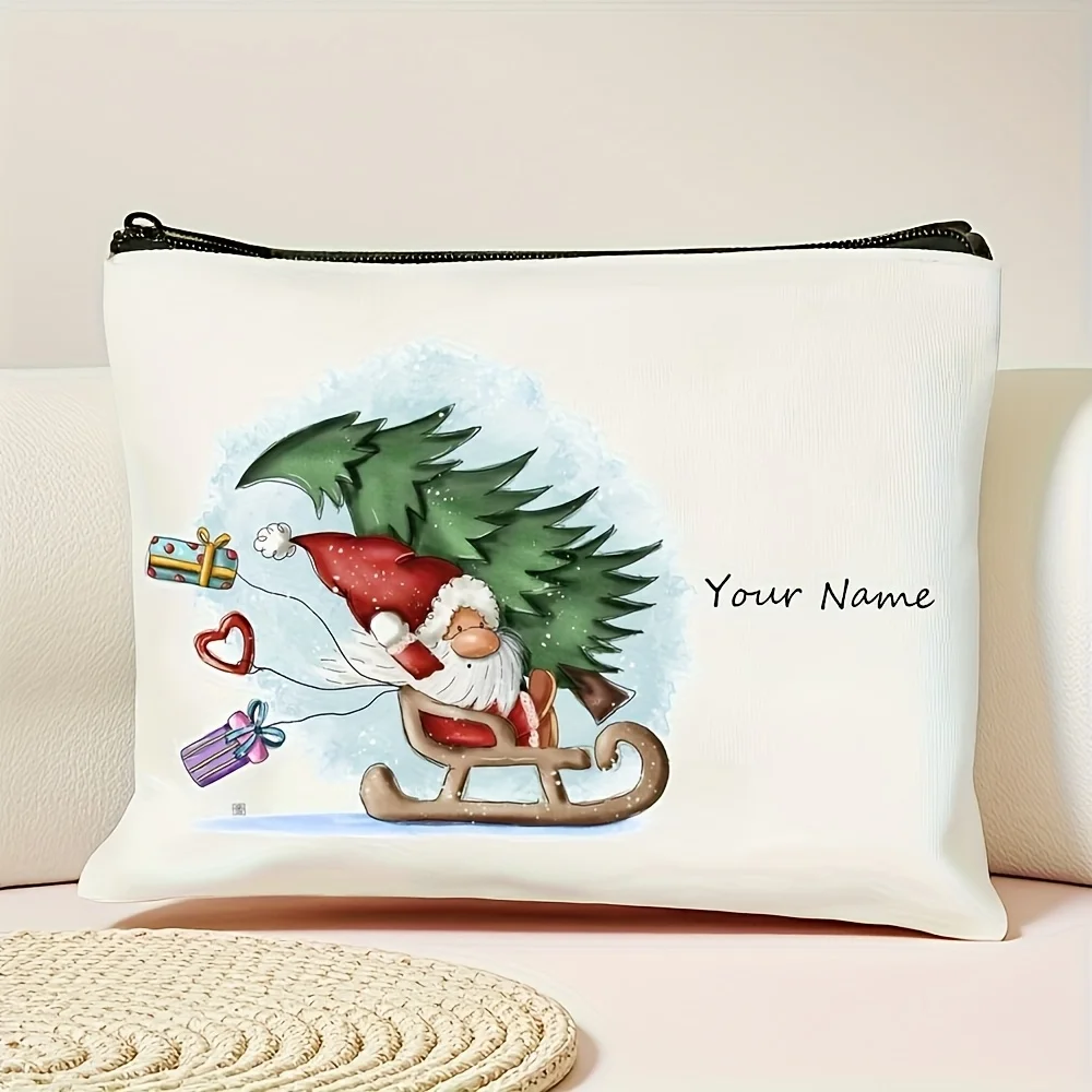 Custom Name Cute Christmas Gnome on Sleigh with Christmas Tree Gift Boxes Personalized Cosmetic Bag Portable Travel Makeup Pouch