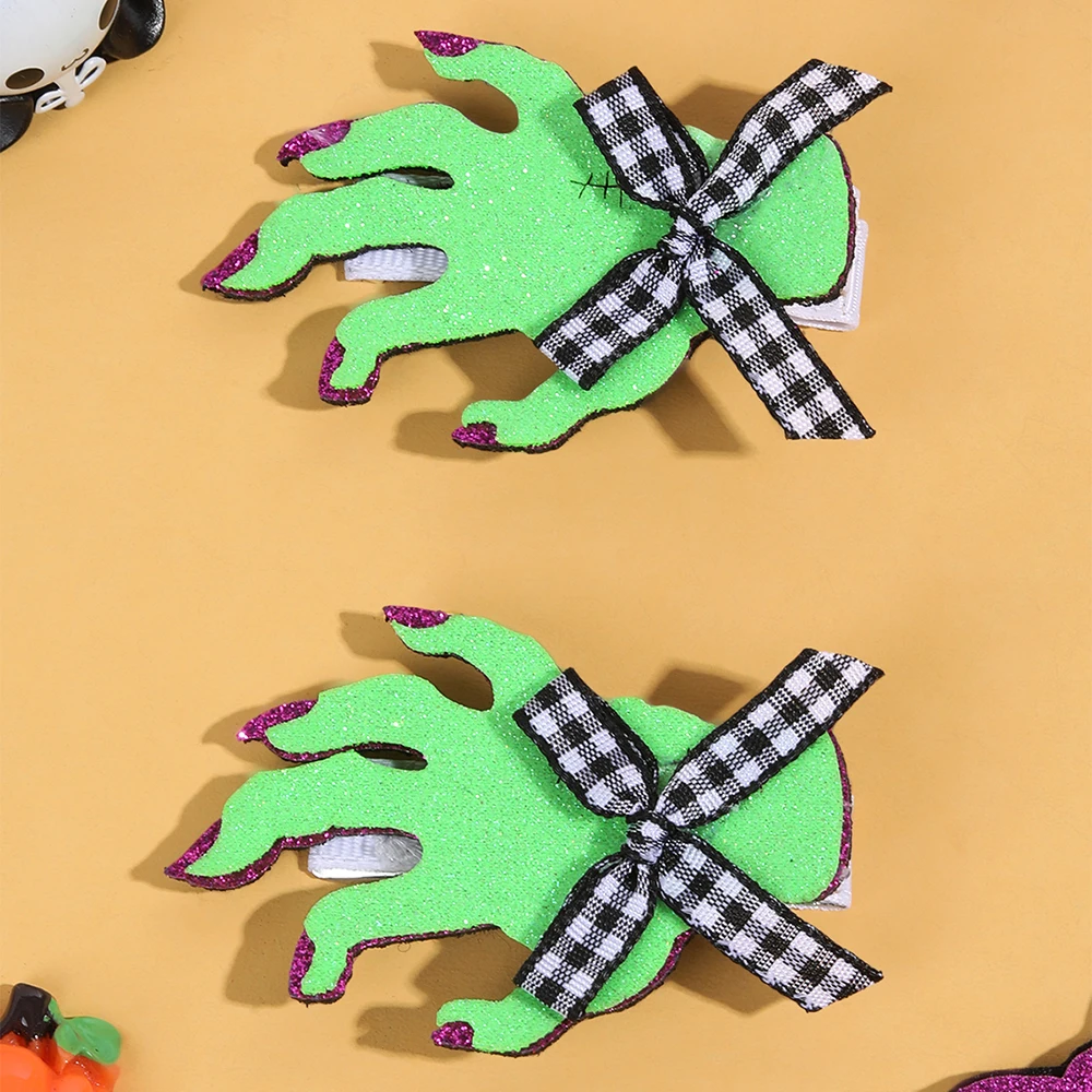 2 ชิ้นฮาโลวีนปาล์มสีเขียวคลิปผม Sparkly Bow Hairpin สําหรับสาวเด็ก Spooky น่ารักปาร์ตี้คอสเพลย์ Headdress อุปกรณ์เสริมผม