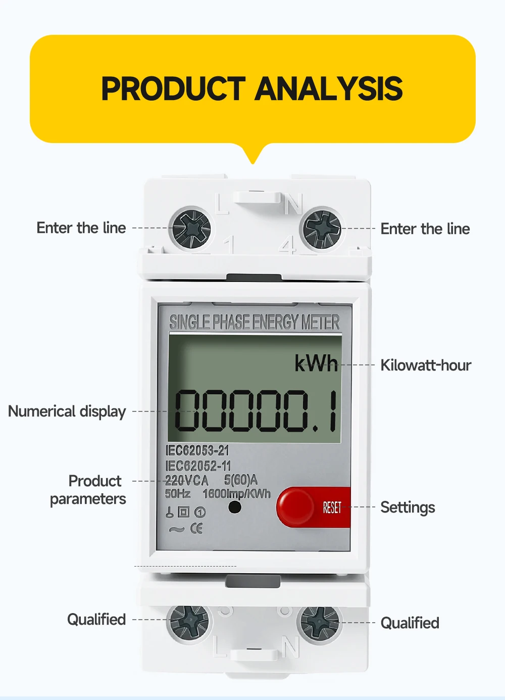 LCD-Anzeige kWh-Zähler 220V 5(60)A Energiezähler kWh 50Hz AC Digitaler Energiezähler Rücksetzen auf Null Energiezähler Haushaltsenergie – Detail 8