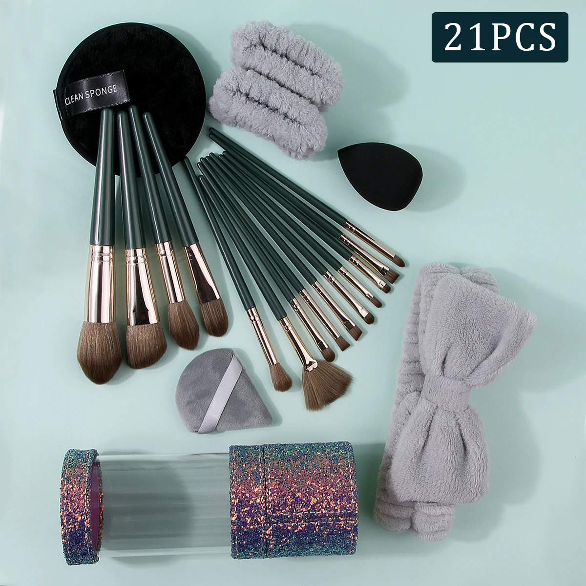 مجموعة فرش مكياج متعددة الأغراض مكونة من 21 قطعة وسوار معصم رباط شعر وإسفنجة بودرة مثلثة/دائرية على شكل بيضة ودلو تخزين