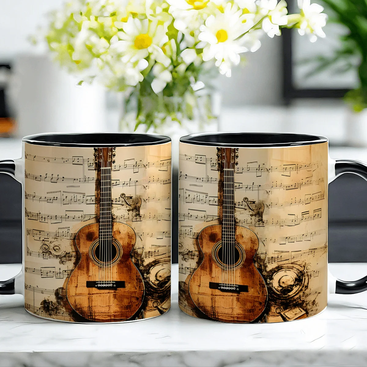 1 music-themed 11-ounce ceramic mug, full-body guitar print-colored coffee cup, suitable for musicians, guitar lovers, men