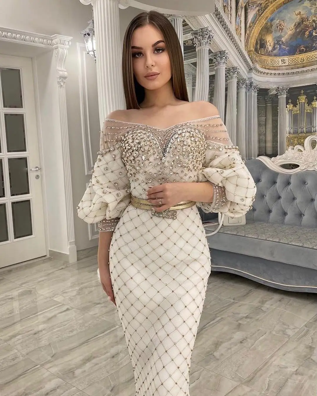 FATAPAESE Luxury Dubai Arabic OFff-Shoulder Cross Gold Beads Stons Sheath Evening Dress with Fluffy Sleeves Wedding Party Gowns