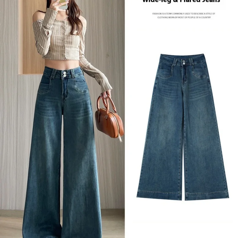 

Retro High-Waisted Wide-Leg Jeans for Women, New Autumn and Winter Style, Loose Fit, Slimming, Flared Floor-Length Pants.