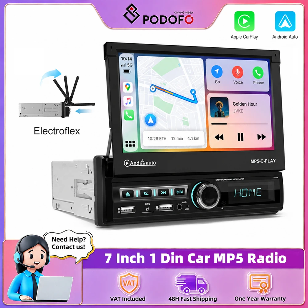 Podofo 7" 1 Din Car Radio Wireless Carplay Android auto Car MP5 Player Mirror Link Headunit Universal Multimedia Player IPS Touch Screen Smart Car Systems BT Autoradio Support SD/USB Rear View Camera