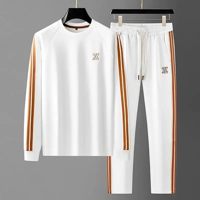 Spring and autumn light luxury men's new striped contrasting colors trend slim versatile crew neck casual sports suit