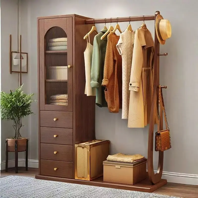 solid wood coat rack floor-to-ceiling integrated multi-functional rack bedroom hanger full-length mirror storage locker