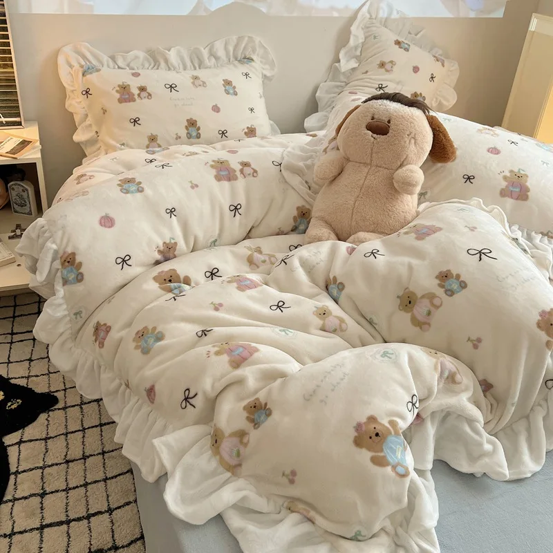 

Cartoon Printed Bedding Set with Comforter Cover Sheet Pillowcase Winter Plush Duvet Cover 4pcs Set Bed Linens Set Home Textile