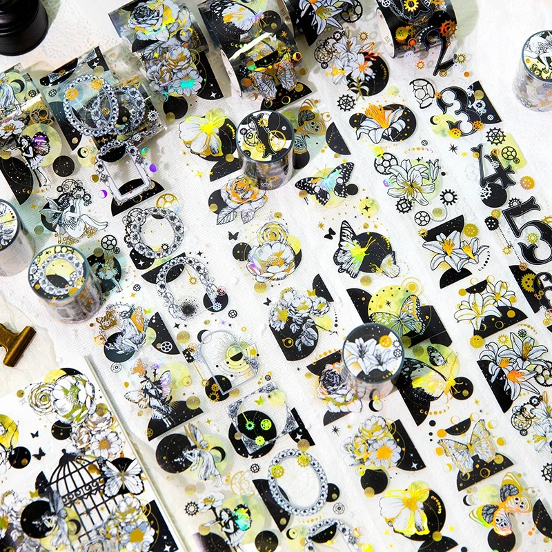 

1Roll Tape 2M Laser Gold Flowers Material Decorative Butterflies Black Elf Girl Numbers Supplies DIY Adhesives Scrapbook 48MM