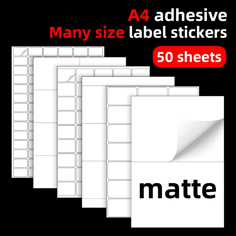 50 ورقة من ورق الملصقات ذاتي اللصق غير اللامع مقاس A4، ملصقات فارغة مقاس 8.3 × 11.7 بوصة مناسبة لكتابة الأسماء، مناسبة للليزر و #1