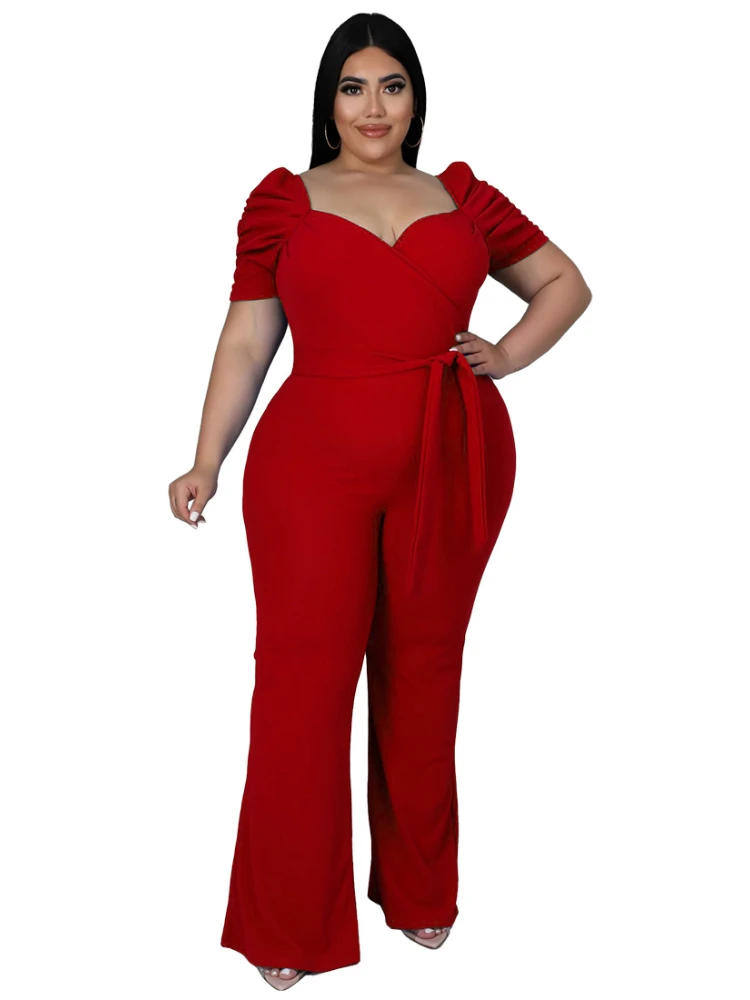 Kombinezony Plus Size z krótkim rękawem Sexy V wysoki dekolt talia Bodycon długi, szeroki nogi spodnie z paskiem na co dzień wieczór kostiumy