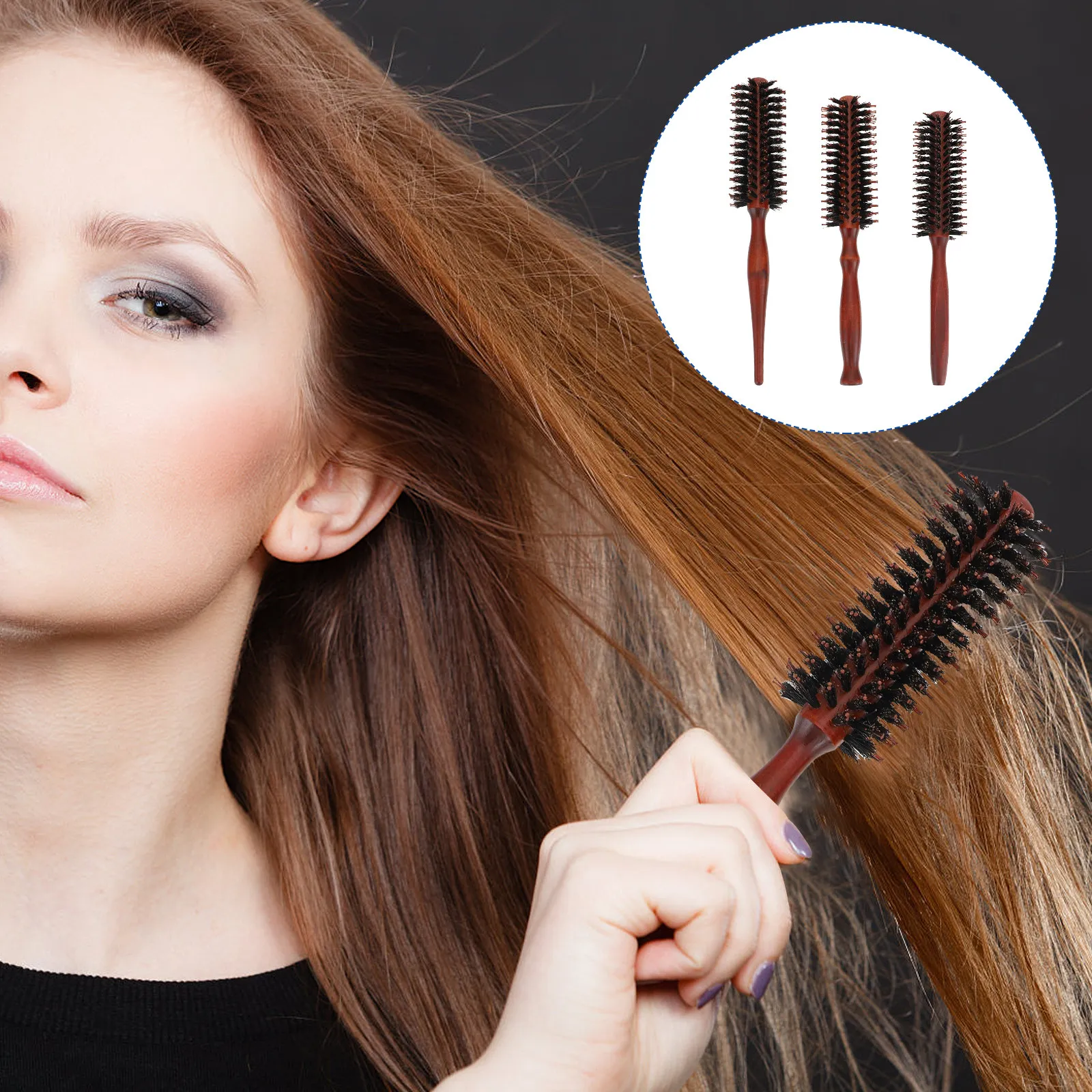 

3Pcs Thick Wooden Handle Round Bristle Hair Brush for Detangling Styling Curling Blow Drying Scalp Massage Shine Enhancement