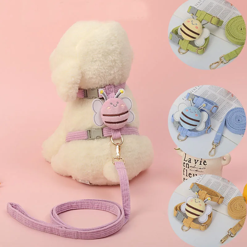 

Bee Decor Dog Harness and Leash Set Corduroy Pet Dog Harness Adjustable Chest Strap Walking Leash For Small Dogs Harnesses Vest