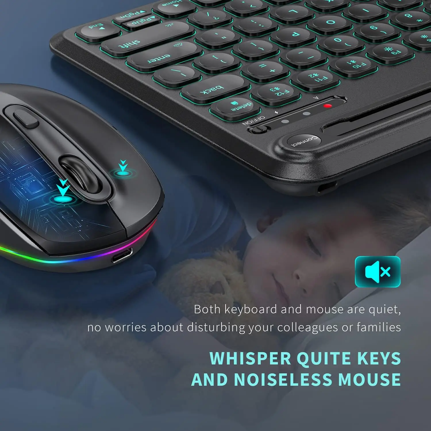 مجموعة لوحة مفاتيح وماوس لاسلكية بلوتوث بإضاءة سوداء RGB لنظام التشغيل Mac OS iPad Air iPad Pro Tablet Android والهواتف المحمولة والكمبيوتر المحمول