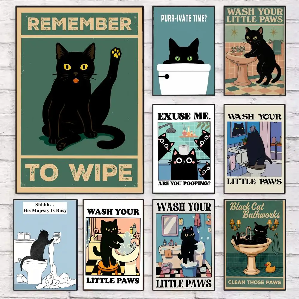 

Funny Bathroom Black Cat Poster Wall Art Sticky for Living Room Bedroom Office Hallway Bar Home Decor Gift Idea